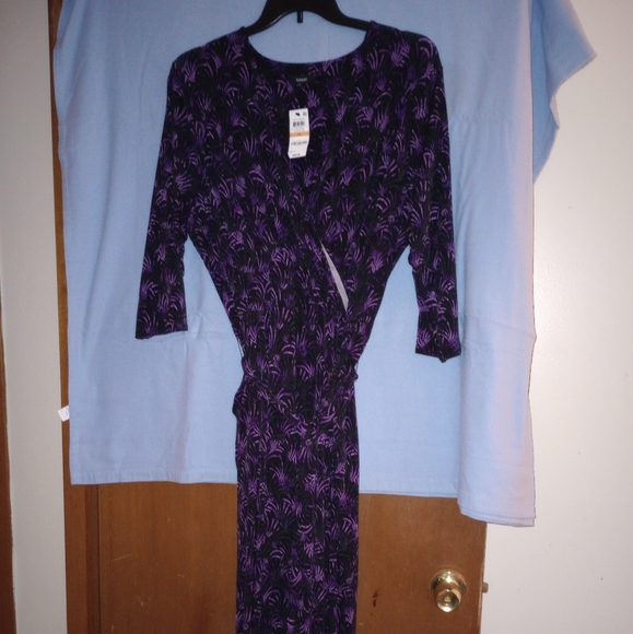 Alfani Pants - Alfani 3/4 sleeve black & purple jumpsuit, wrap front, with pockets & removabelt